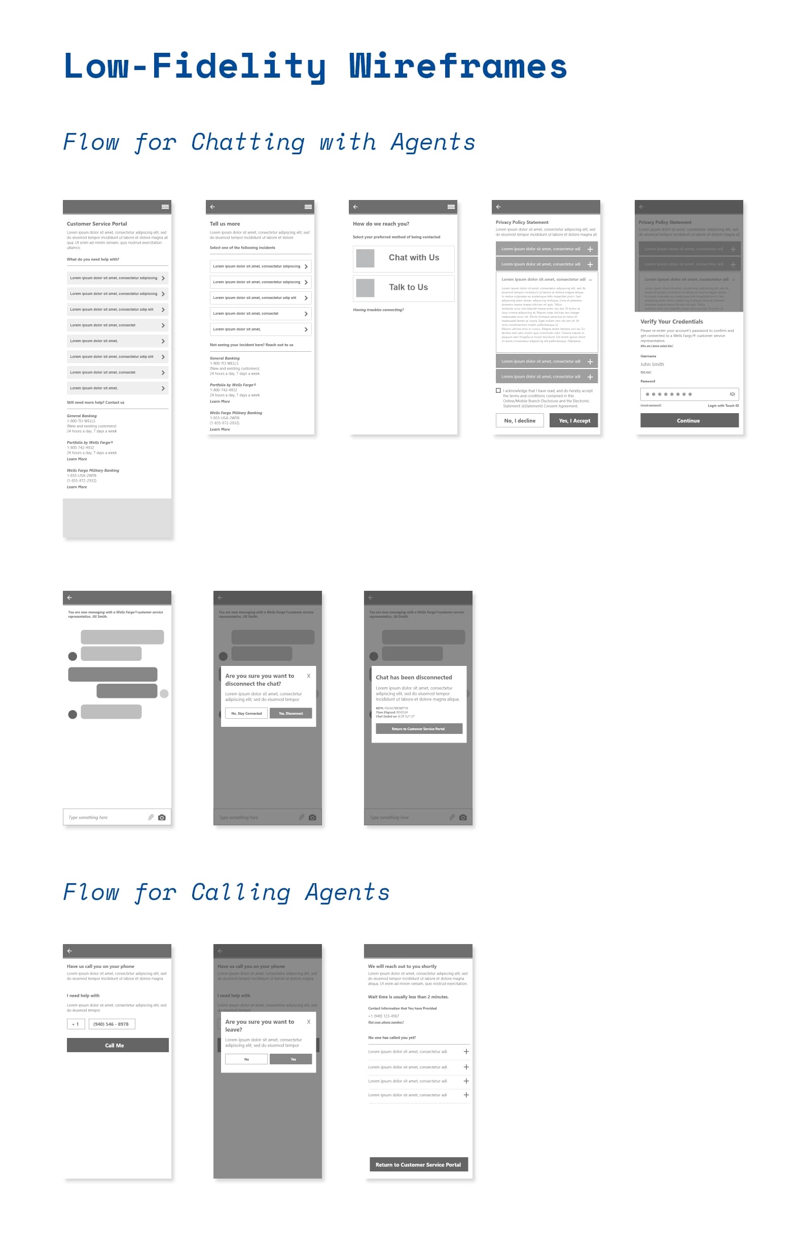 Low-fidelity wireframes - the chat-with-agent and call-an-agent flows, sketched end to end.
