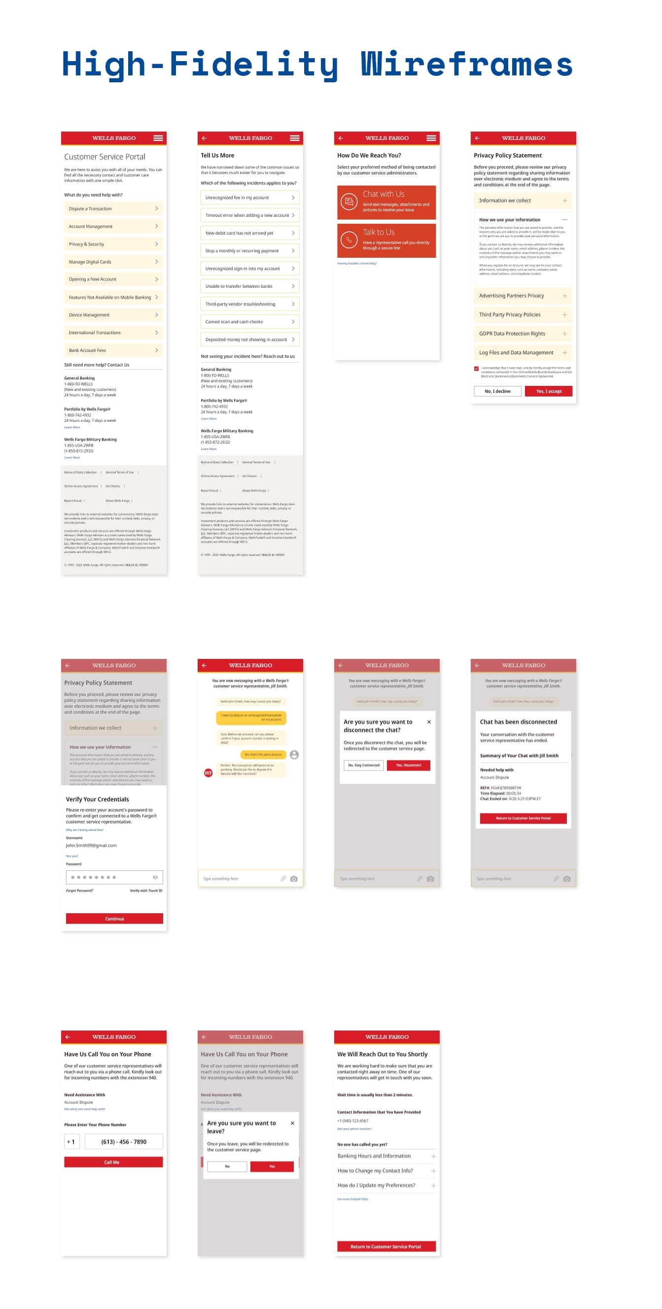 High-fidelity wireframes - the customer service portal, issue triage, and consent screens.
