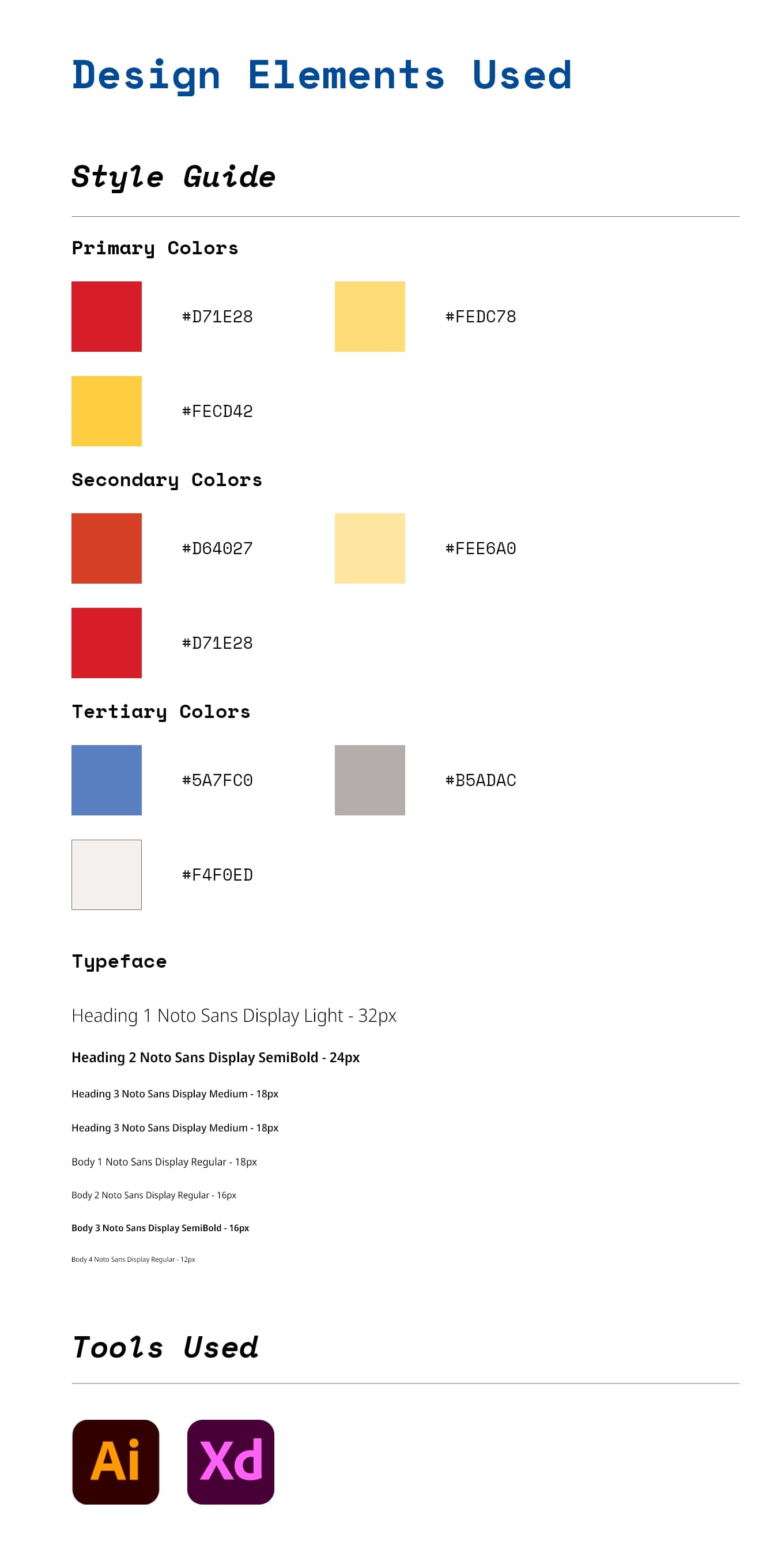 Style guide - the color system, typography, and tools used to design the concept.