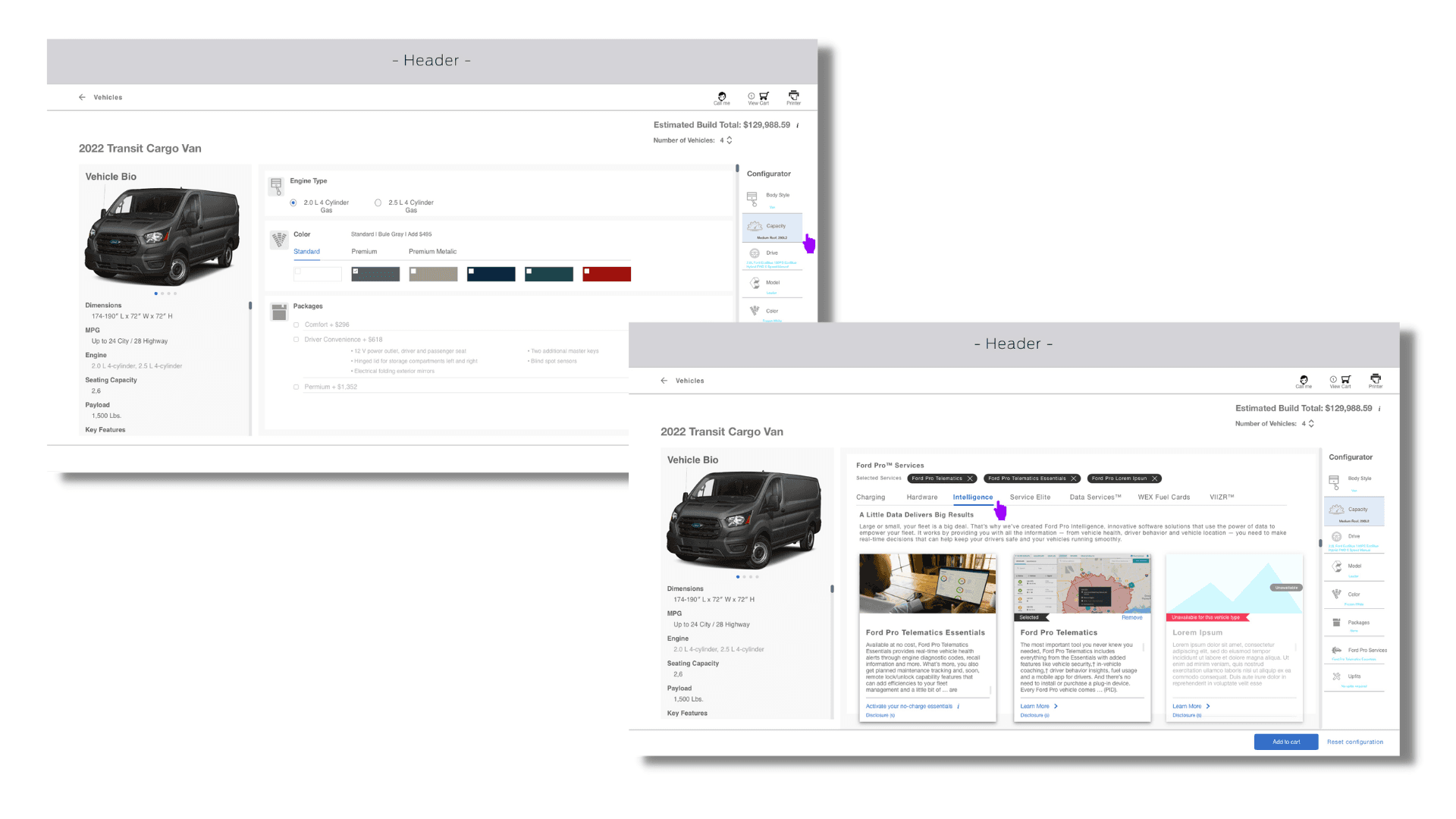 Low-fidelity Ford Pro build-and-price prototype screens