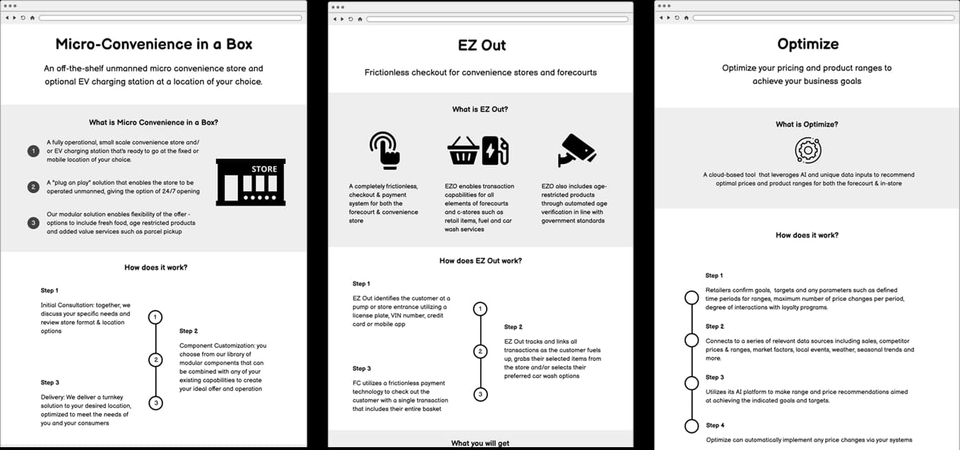 Wireframes for Micro-Convenience in a Box, EZ Out, and Optimise concepts
